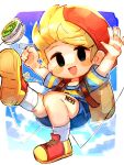  1boy backpack bag blonde_hair child full_body hat highres kurorinamori looking_at_viewer lucas_(mother_3) male_focus mother_(game) mother_3 open_mouth shoes shorts solo yo-yo 