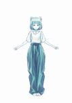  1girl absurdres animal_ear_fluff animal_ears blue_pants blue_theme closed_mouth collarbone commentary_request full_body grey_background highres looking_at_viewer mizu_no_suke nia_(xenoblade) pants puffy_pants shirt short_hair simple_background sketch smile solo standing white_shirt xenoblade_chronicles_(series) xenoblade_chronicles_2 