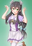  1girl alternate_costume anti_(untea9) black_hair blush bow bowtie breasts gradient_background green_background green_eyes hair_ribbon headgear highres i-47_(kancolle) kantai_collection long_hair low-tied_long_hair open_mouth puffy_short_sleeves puffy_sleeves purple_bow purple_bowtie purple_sailor_collar purple_serafuku purple_shirt ribbon sailor_collar sailor_shirt school_uniform serafuku shirt short_sleeves skirt small_breasts smile solo standing standing_on_one_leg thigh-highs tracen_school_uniform tress_ribbon umamusume white_skirt white_thighhighs 