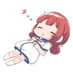  1girl blue_sailor_collar chibi chibi_only closed_eyes dress full_body hair_ribbon hair_rings kaiboukan_no._4_(kancolle) kantai_collection low_twintails lying nassukun on_back parted_lips redhead ribbon sailor_collar sailor_dress short_sleeves short_twintails simple_background sleeping socks solo twintails white_background white_socks zzz 