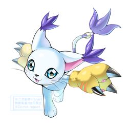  1other absurdres animal_hands blue_eyes body_fur cat digimon digimon_(creature) full_body furry gloves highres other_focus paw_gloves shingetsu_(doru0222) simple_background solo tail tail_ornament tail_ring tailmon twitter_username watermark whiskers white_background white_fur yellow_gloves 