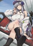  1girl 416_day costume_request crossed_legs expressionless from_below girls_frontline green_eyes grey_hair highres hk416_(girls&#039;_frontline) jacket looking_at_viewer persocon93 purple_hat sketch solo thighs visor_cap white_jacket 