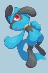  black_fur blue_background blue_fur blue_tail highres looking_at_viewer no_humans nullma open_mouth pokemon pokemon_(creature) red_eyes riolu simple_background solo two-tone_fur 