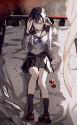  1girl bandaged_head bandaged_neck bandages black_hair curtains grey_serafuku hand_on_own_head highres infirmary juusan_kihei_bouei_ken kneehighs medicine medicine_bottle neckerchief on_bed pill pill_bottle pleated_skirt purple_neckerchief sayasaka school_uniform serafuku shinonome_ryouko_(juusan_kihei_bouei_ken) skirt socks solo 