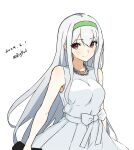  1girl absurdres bigkwl brown_eyes cowboy_shot dated dress green_hairband hairband highres jewelry kantai_collection necklace official_alternate_costume one-hour_drawing_challenge pearl_necklace shoukaku_(anniversary)_(kancolle) shoukaku_(kancolle) sleeveless sleeveless_dress smile solo twitter_username white_dress white_hair 