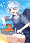  1girl :d alternate_costume blue_eyes blue_hair blue_shirt blue_sky clouds commentary_request cooking_pot day feet_out_of_frame fire food furina_(genshin_impact) genshin_impact hair_intakes highres holding long_hair open_mouth outdoors pasta seacat_hz shirt sitting sky smile solo spaghetti thighs very_long_hair 