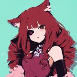  1girl absurdres animal_ear_fluff animal_ears bare_shoulders black_gloves blunt_bangs blurry blurry_background cat_ears drill_hair elbow_gloves gloves highres looking_at_viewer red_eyes redhead rnna solo stella_hoshii twin_drills upper_body va-11_hall-a wavy_hair 