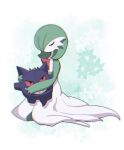  bob_cut closed_eyes colored_skin dress floral_background gardevoir gengar green_hair hair_over_one_eye highres holding holding_stuffed_toy multicolored_skin pokemon pokemon_(creature) sitting stuffed_toy two-tone_skin white_dress white_skin ynmr_ll 
