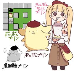  ... :3 bag beret blonde_hair blush_stickers brown_eyes brown_hat brown_skirt dokan_(dkn) food_in_mouth grey_shirt hat humanization long_sleeves pompompurin sanrio shirt skirt speech_bubble spoken_ellipsis spoon translation_request twintails v 