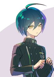  1boy ahoge black_hat black_jacket breast_pocket brown_eyes buttons danganronpa_(series) danganronpa_v3:_killing_harmony double-breasted green_hair grey_background hair_between_eyes hat highres jacket long_sleeves male_focus pocket saihara_shuichi short_hair striped_clothes striped_jacket two-tone_background upper_body youko-shima 