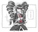  13x39 1girl black_hair black_jacket black_skirt black_sleeves bow celestia_ludenberg center_frills closed_mouth coattails collared_jacket collared_shirt commentary_request cropped_legs cross-laced_clothes cross-laced_sleeves cup danganronpa:_trigger_happy_havoc danganronpa_(series) dangle_earrings drill_hair earrings eyelashes frilled_hairband frilled_sleeves frills gothic_lolita hair_bow hairband hand_on_own_elbow holding holding_cup jacket jewelry korean_commentary layered_sleeves lolita_fashion lolita_hairband long_hair long_sleeves looking_at_viewer neck_ribbon necktie open_clothes open_jacket planet_earrings protected_link red_eyes red_necktie ribbon shirt simple_background skirt sleeve_ribbon smile solo sparkle speech_bubble teacup translation_request twin_drills twintails very_long_hair white_background white_bow white_hairband white_ribbon white_shirt 