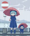  2girls absurdres blue_bow blue_eyes blue_footwear blue_hair blue_raincoat blush_stickers boots bow cirno fairy fang fumo_(doll) hair_between_eyes hair_bow highres holding holding_umbrella ice ice_wings kame_(kamepan44231) long_sleeves multiple_girls open_mouth outdoors rain raincoat rubber_boots short_hair skin_fang standing touhou umbrella wings 