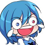  1girl blue_eyes blue_hair bmkro commission english_commentary heterochromia laughing lowres open_mouth red_eyes short_hair smile solo tatara_kogasa tears teeth touhou transparent_background upper_body upper_teeth_only wheeze_emoji 