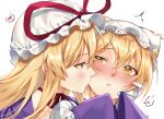 2girls ^^^ blonde_hair choker closed_mouth commentary_request gloves hand_on_another&#039;s_cheek hand_on_another&#039;s_face hat hat_ribbon heart kirisita kiss kissing_cheek long_hair looking_at_another mob_cap multiple_girls portrait red_ribbon ribbon ribbon_choker simple_background touhou white_background white_gloves white_hat yakumo_ran yakumo_yukari yellow_eyes yuri 
