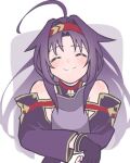  1girl ahoge armor blush breastplate closed_eyes closed_mouth commentary_request detached_sleeves facing_viewer fingerless_gloves gloves hairband long_hair long_sleeves parted_bangs purple_gloves purple_hair red_hairband smile solo sword_art_online upper_body yumeru_desu yuuki_(sao) 