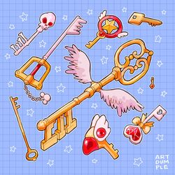  artdumple blue_background bow cardcaptor_sakura english_commentary fuuin_no_tsue grid_background harry_potter_(series) highres hoshi_no_tsue key keyblade kingdom_hearts no_humans procreate_(medium) signature white_wings wings wizarding_world yellow_bow 