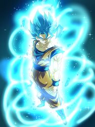  1boy absurdres aura blue_eyes blue_footwear blue_hair blue_sash blue_shirt blue_wristband boots clenched_hands commentary_request dougi dragon_ball dragon_ball_super full_body highres kazumax76 male_focus muscular muscular_male orange_pants orange_shirt pants sash shirt short_sleeves sleeveless sleeveless_shirt smirk solo son_goku spiky_hair super_saiyan super_saiyan_blue v-neck 