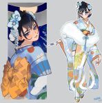  1girl blue_eyes blue_flower blue_hair blue_kimono blue_nails blush eus_ing floral_print floral_print_kimono flower folding_fan full_body fur_scarf hair_bun hair_flower hair_intakes hair_ornament hand_fan highres holding holding_fan hololive hololive_english japanese_clothes kanzashi kimono looking_at_viewer looking_back nail_polish new_year obi official_alternate_costume ouro_kronii ouro_kronii_(new_year) print_kimono sash short_hair single_hair_bun smile snake_print thigh-highs virtual_youtuber white_thighhighs wide_sleeves yellow_sash 