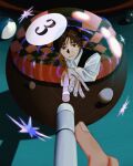  1boy ball billiard_ball billiards black_vest brown_eyes brown_hair checkered_ceiling closed_mouth collared_shirt cue_stick highres holding_cue_stick long_sleeves looking_at_viewer nekochan_suuu original perspective pool_table reflection shirt short_hair table vest white_shirt 