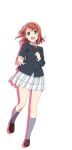  1girl black_jacket brown_footwear collared_shirt full_body green_eyes grey_socks hair_bun hair_ornament hairclip jacket kneehighs loafers long_sleeves looking_at_viewer love_live! love_live!_nijigasaki_high_school_idol_club neck_ribbon nijigasaki_academy_school_uniform official_art open_mouth plaid plaid_skirt pleated_skirt reaching reaching_towards_viewer red_ribbon redhead ribbon school_uniform shirt shoes single_side_bun skirt socks solo standing standing_on_one_leg transparent_background uehara_ayumu white_shirt white_skirt winter_uniform 