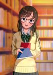  1girl absurdres blush book bow bowtie brown_hair cardigan collared_shirt glasses green_bow green_bowtie half_updo head_tilt highres holding holding_book konatsu_miki library long_hair long_sleeves looking_at_viewer open_mouth original pleated_skirt school_uniform shirt signature skirt smile upper_body violet_eyes yellow_cardigan 
