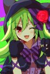  1girl :3 alternate_costume animal_ears animal_hands animal_hood black_hood blue_capelet bluestar_iz bow buttons capelet cat_ears cat_paws collarbone collared_shirt fake_animal_ears fangs flower frilled_shirt frills green_background green_hair hair_bow hood lime_(witch&#039;s_heart) long_hair official_art open_mouth paw_pose purple_background purple_bow red_eyes red_flower shirt solo splatter_background striped_bow white_shirt witch&#039;s_heart 