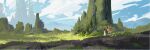  1girl bag black_hair clouds coat commentary day dodrio grass moss nature obane_(desert00) outdoors pokemon pokemon_(creature) scenery short_hair sky standing white_coat 