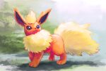  :3 animal_focus bright_pupils closed_mouth commentary_request flareon full_body grass looking_to_the_side no_humans outdoors pokemon pokemon_(creature) signature smile solo standing toes tree uninori white_pupils 