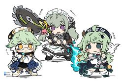  3girls absurdres apron blue_fire cape chibi chibi_only coat company_connection corin_wickes crossover facebook_logo facebook_username fire flying_sweatdrops full_body furrowed_brow genshin_impact green_eyes green_hair hair_between_eyes hat highres holding holding_weapon honkai:_star_rail honkai_(series) huohuo_(honkai:_star_rail) legs_apart long_hair long_sleeves looking_at_another maid maid_headdress medium_bangs mihoyo multiple_crossover multiple_girls nervous orange_eyes sesield short_sleeves standing sucrose_(genshin_impact) tearing_up thigh-highs trait_connection twintails twitter_logo twitter_username violet_eyes weapon wrist_cuffs zenless_zone_zero 