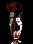  1girl black_background black_hair cup drinking_glass flower highres holding holding_cup long_hair original red_flower red_rose reflection reflective_water rose solo tp_p_pt traditional_media wine_glass 