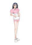  1990s_(style) 1girl apron black_hair bow collared_dress dress english_commentary frilled_apron frills full_body highres long_hair looking_to_the_side original pink_bow retro_artstyle shoes sneakers solo vans waitress white_apron white_footwear yue_(yung_n_dum_) 