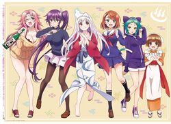  ameno_hibari_(yuragisou_no_yuuna-san) ameno_sagiri arahabaki_nonko fushiguro_yaya glasses kunai long_hair miyazaki_chisaki multiple_girls nakai_chitose open_mouth sake_bottle short_hair smile yunohana_yuuna yuragisou_no_yuuna-san 