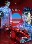  2boys absurdres black_hair blue_eyes blue_jumpsuit car carlos_sainz charles_leclerc english_commentary expressionless formula_one formula_racer giovanni_p._timpano hair_slicked_back head_tilt helmet highres holding holding_helmet jumpsuit light_frown looking_to_the_side male_focus motor_vehicle multiple_boys official_art promotional_art race_vehicle racecar real_life realistic red_car shadow shell_(company) signature spoiler_(automobile) sponsor unworn_headwear unworn_helmet vehicle_focus 