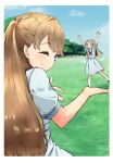  2girls ;) ^_^ ankle_socks arms_up blonde_hair blue_hair blue_sky blurry blurry_background border brown_footwear brown_hair closed_eyes closed_mouth dress fang flower forced_perspective fujishima_megumi gradient_hair grass hair_flower hair_ornament hands_up hasu_no_sora_school_uniform highres light_blue_hair link!_like!_love_live! loafers long_hair looking_at_viewer love_live! medium_dress mendo_(mend0o0_) multicolored_hair multiple_girls neckerchief one_eye_closed open_mouth osawa_rurino parted_bangs pleated_dress red_neckerchief sailor_collar sailor_dress school_uniform shoes short_sleeves skin_fang sky smile socks split_mouth standing standing_on_another&#039;s_hand summer_uniform twintails two_side_up violet_eyes virtual_youtuber white_border white_dress white_flower white_sailor_collar white_socks 