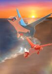  beach blue_wings dragon highres latias latios midair no_humans ocean outdoors pokemon pokemon_(creature) red_eyes red_wings rokokolt sun sunset wings yellow_eyes 