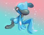  black_fur blue_background blue_fur blue_tail gradient_background highres no_humans nullma open_mouth pink_background pokemon pokemon_(creature) red_eyes riolu solo two-tone_background two-tone_fur 