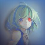  1girl ahoge blue_background blue_eyes blue_hair closed_mouth cross-laced_clothes hashtag-only_commentary heterochromia hia_(xonn) highres looking_at_viewer red_eyes short_hair smile solo tatara_kogasa touhou upper_body 