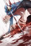  2boys absurdres bishounen bleeding blood blood_from_mouth blood_on_clothes blood_on_face blood_on_hands blood_on_weapon blood_splatter blue_coat blue_eyes brothers closed_mouth coat dante_(devil_may_cry) devil_may_cry_(series) devil_may_cry_3 e_(h798602056) fingerless_gloves gloves hair_slicked_back highres holding holding_sword holding_weapon katana male_focus multiple_boys siblings smile sword twins upper_body vergil_(devil_may_cry) weapon white_hair yamato_(sword) 