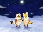  fox holding_hands mittens moon night no_humans on_hind_legs original sakura_(hagu) snow standing star_(sky) string string_of_fate tail tanuki yellow_fur 