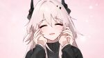  1girl :d ^_^ aliasing arknights black_horns black_sweater chinese_commentary closed_eyes commentary_request facing_viewer hair_between_eyes hands_on_another&#039;s_cheeks hands_on_another&#039;s_face hands_up happy horns light_blush long_hair long_sleeves long_wuxian material_growth open_mouth oripathy_lesion_(arknights) pink_background pink_hair portrait pov pov_hands smile solo_focus sweater theresa_(arknights) turtleneck turtleneck_sweater 