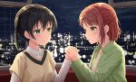  2girls black_hair blunt_bangs blurry blush bokeh cityscape collared_shirt depth_of_field dress_shirt ferris_wheel_interior gradient_hair green_eyes green_hair green_shirt hair_between_eyes hair_ornament hairclip half_updo highres holding_hands layered_sleeves long_sleeves looking_at_another love_live! love_live!_nijigasaki_high_school_idol_club medium_hair multicolored_hair multiple_girls night night_sky pink_hair shirt short_over_long_sleeves short_sleeves sidelocks sky swept_bangs takasaki_yu twintails two-tone_hair uehara_ayumu v-neck white_shirt yellow_shirt yutuki_ame 