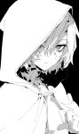  1boy bags_under_eyes cape dungeon_meshi empty_eyes expressionless greyscale hand_up hood hood_up hooded_cape looking_at_viewer male_focus maratang mithrun monochrome shirt short_hair simple_background solo 