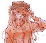  1girl cabbie_hat evangelion:_3.0_you_can_(not)_redo expressionless eyepatch grey_eyes hat highres jacket long_hair looking_at_viewer matsuko_(mrimri3) neon_genesis_evangelion orange_hair rebuild_of_evangelion red_jacket simple_background sketch solo souryuu_asuka_langley upper_body white_background 