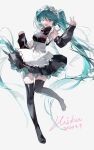  1girl apron aqua_eyes aqua_hair chinese_commentary full_body hatsune_miku headphones highres maid_apron maid_headdress open_mouth solo solo_focus twintails uffie v vocaloid white_background 