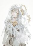  1girl bridal_veil clock_print closed_eyes crossed_arms dress e.g.o_(project_moon) faust_(project_moon) gears gloves hair_ornament highres limbus_company project_moon short_hair solo tuumatae veil wedding_dress white_background white_dress white_gloves white_hair 
