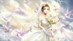  1girl anhuijinyu_(budinziailun) bare_shoulders bird bouquet brown_eyes brown_hair clouds dove dress flower hair_flower hair_ornament highres holding holding_bouquet jewelry looking_at_viewer necklace outdoors shao_nian_jin_yi_wei solo wedding_dress white_dress 
