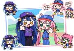  1nupool 3girls amamiya_kokoro animal_ears arm_up ball baseball baseball_(object) baseball_cap baseball_uniform bell blue_hair blue_hat blue_overalls blue_ribbon cat_ears fang hair_bell hair_ornament hair_ribbon hat highres holding holding_ball jikkyou_powerful_pro_yakyuu jingle_bell long_hair low_twintails multiple_girls nijisanji nui_sociere open_mouth overalls pink_eyes purple_hat ribbon skin_fang smile sportswear twintails two_side_up very_long_hair virtual_youtuber yang_nari yellow_eyes 