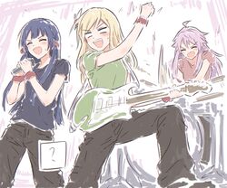  3girls :d ? ^_^ ahoge black_pants black_t-shirt blank_eyes blonde_hair blue_hair blue_shirt blunt_bangs blush bullfalk closed_eyes dark_blue_hair electric_guitar feet_out_of_frame green_shirt green_t-shirt guitar hair_ribbon holding holding_microphone instrument long_hair microphone multiple_girls open_mouth otonashi_ichie pants pink_hair playing_drum playing_guitar red_ribbon red_scrunchie red_shirt red_t-shirt ribbon scrunchie sharp_teeth shirt short_sleeves shoujo_kageki_revue_starlight shoujo_kageki_revue_starlight_-re_live- side_part sidelocks smile spoken_question_mark t-shirt teeth tomoe_tamao two-handed upper_teeth_only v-shaped_eyebrows wrist_scrunchie yumeoji_fumi 