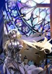  1girl absurdres armor armored_dress banner bare_shoulders blonde_hair blue_eyes breasts chain couter fate/grand_order fate_(series) faulds flag flagpole fur-trimmed_legwear fur_trim gauntlets gloves gorget headpiece highres holding holding_flag jeanne_d&#039;arc_(fate) jeanne_d&#039;arc_(third_ascension)_(fate) large_breasts long_hair mochi_upamo plackart solo standard_bearer sword thigh-highs very_long_hair weapon 