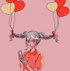  1girl alternate_costume balloon braid breasts c_(srhtguy) cellphone collared_shirt crop_top danganronpa_(series) danganronpa_2:_goodbye_despair dress_shirt flip_phone glasses hair_ribbon heart_balloon highres holding holding_phone medium_breasts nail_polish pekoyama_peko phone puffy_short_sleeves puffy_sleeves red_eyes red_ribbon red_shirt ribbon round_eyewear shirt short_sleeves simple_background solo twin_braids twintails yellow_nails 